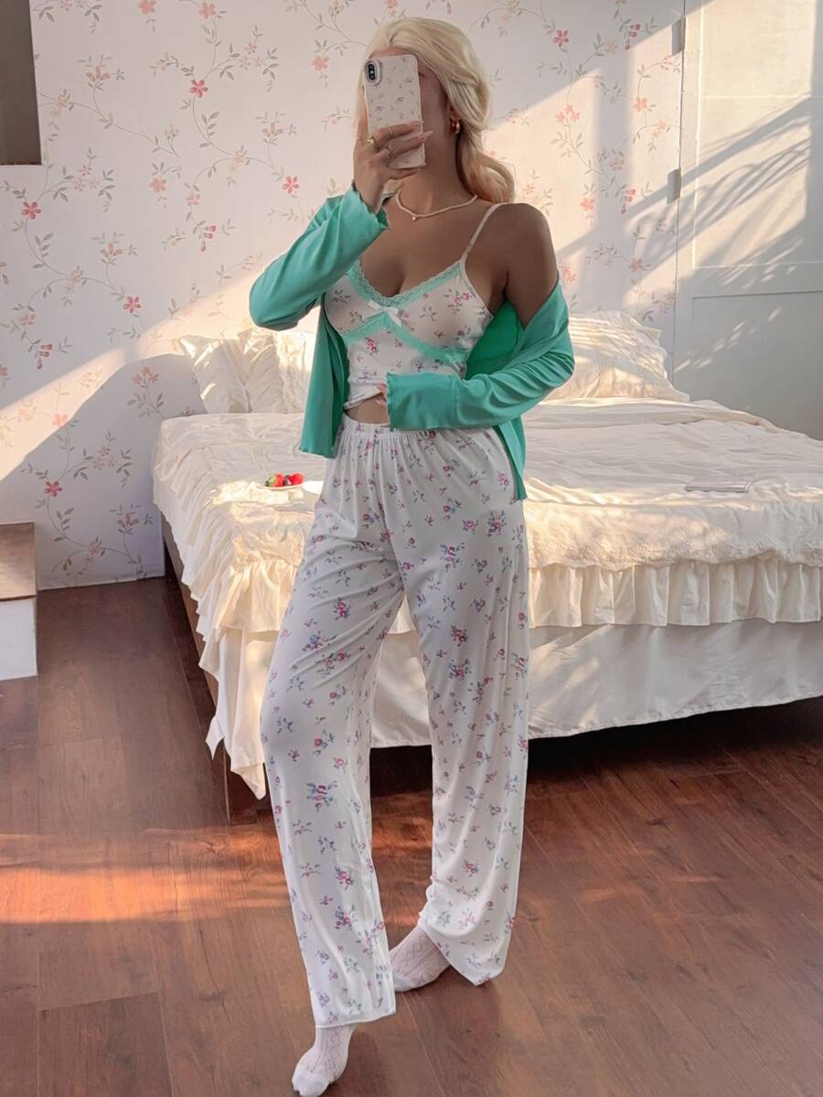 CottageSlumber Romantic Ditsy Floral Camisole & Long Pants With Minimalist Cardigan Casual Pajama 3-Piece Set - Green - View 1