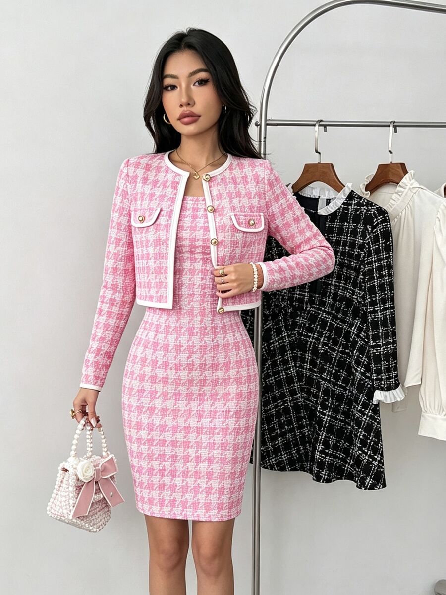 2pcs/Set Teen Girl Party Prom Holiday Formal Dinner Travel Summer Pink Plaid Contrast Trim Jacket Cami Dress Set Fleece Lined Thickened Elegant Cute - Pink - View 1