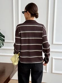 SHEIN Frenchy Women's Fall Brown And White Striped Oversized Sweatshirt  Back ToSchool Korean Style Versatile Y2k Casual,Street Style,Sporty Winter Daily Commuting - Multicolor - View 2