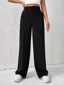 SHEIN EZwear Spring Solid Dark Grey High Waist Suit Straight Pants In Fall/Winter - Black - View 5