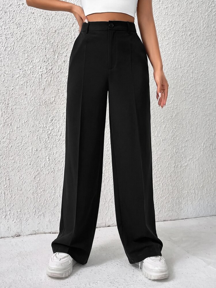 SHEIN EZwear Spring Solid Dark Grey High Waist Suit Straight Pants In Fall/Winter - Black - View 5