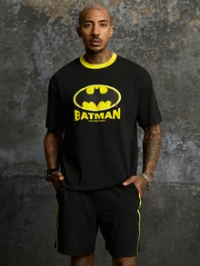 BATMAN X SHEIN Men's Cartoon Pattern Print Contrast Color Short Sleeve T-Shirt - Black - View 4