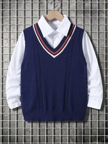 SHEIN 1pc Kids Tween Boy Casual Daily Versatile Comfortable -Neck Pullover Colorblock Striped Collar Solid Knit Autumn Sweater Suitable For Winter School - Royal Blue - View 5