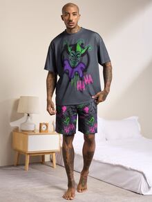 JOKER X SHEIN Men's Cartoon Print Short Sleeve Top & Shorts Loungewear Set - Dark Grey - View 5