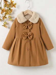 SHEIN 1件少女款毛絨領結裝飾保暖內裡風衣，秋冬保暖中長版外套 - 彩色 - 查看 7