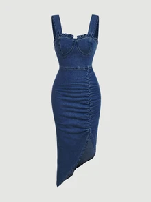 SHEIN MOD Plus Size Pleated Asymmetrical Hem Denim Dress - Blue - View 1
