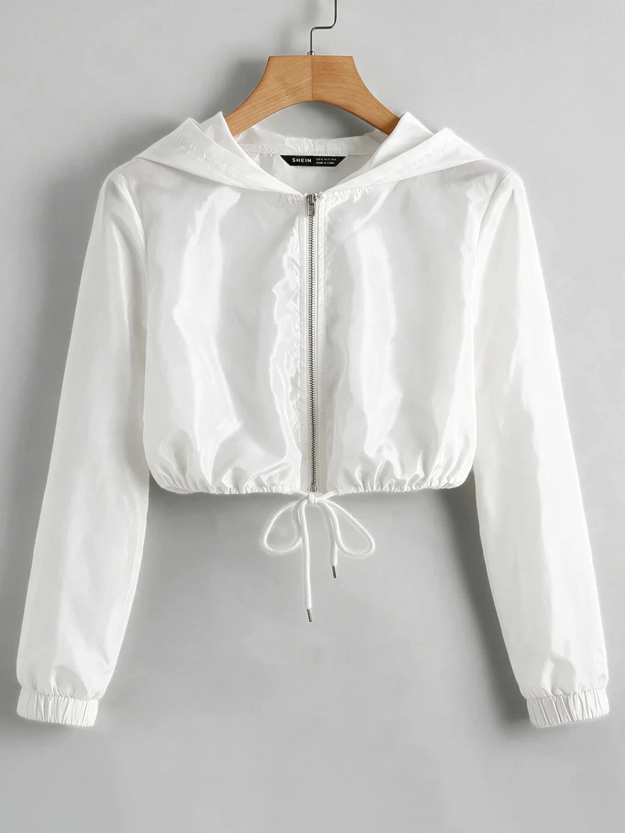 SHEIN EZwear 秋冬款拉鍊抽繩下擺連帽防風外套 - 白色 - 查看 1