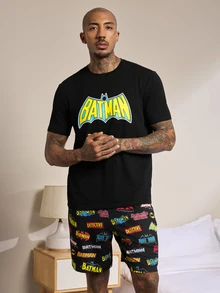 BATMAN X SHEIN Men's Short Sleeve T-Shirt And Shorts Loungewear Set - Black - View 3
