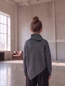 Autumn/Winter Girls' Design Pullover Sweater, Loose Fit Lapel 2 In 1 Asymmetrical Hem Grey Knit Top - Grey - View 2