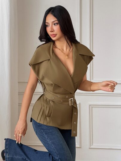SHEIN PETITE Olive Green Sleeveless Blazer For Petite Women – Stylish Business-Casual Workwear