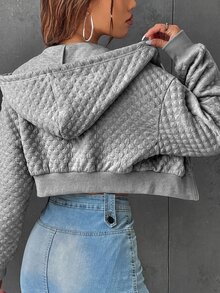 SHEIN EZwear Letter Graphic Drop Shoulder Drawstring Crop Hoodie,Long Sleeve Tops In Fall/Winter - Light Grey - View 2
