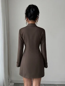 SHEIN Unity فستان قصير أنيق بسيط باللون البني الداكن منسوج بأكمام طويلة وأزرار أمامية مزدوجة، مناسب لحفلات المساء والمكتب، الخريف - قهوة بني - مشاهدة 2