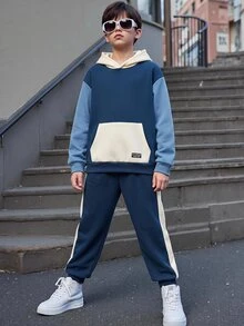 SHEIN 2件組兒童青少年男孩裝飾編織標籤對比色針織軟帽長袖套頭衛衣彈性腰長褲 刷毛加厚款 適合冬季 - 藍色 - 查看 6