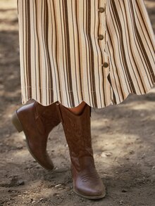 WESTFADE Scalloped Button Front Striped Denim Midi Skirt, Fall, Autumn, Western, Country, Cowgirl, Winter, Rodeo, Back To School, Festival, Concert - Multicolor - View 2