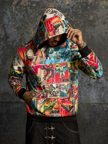 BATMAN X SHEIN Men's Movie Character Graphic Print Long Sleeve Hoodie - Multicolor - View 3