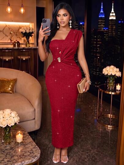 SOLERSUN Women's Autumn/Winter One-Shoulder Hollow Pleated Metal Buckle High Elastic Shiny Red Dress, Party & Evening Wear