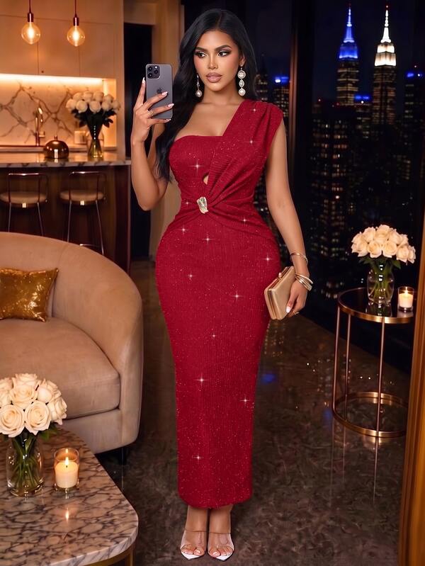 SOLERSUN Women's Autumn/Winter One-Shoulder Hollow Pleated Metal Buckle High Elastic Shiny Red Dress, Party & Evening Wear