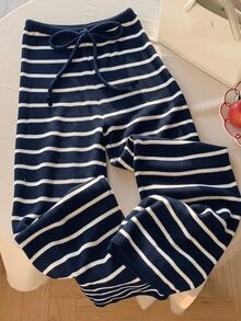 Comfortcana Plus Size Casual Colorblock Striped Knit Long Pants, Autumn/Winter Fall - Navy Blue - View 4