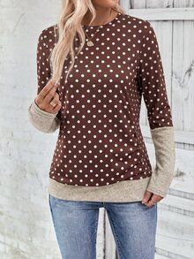 SHEIN LUNE Autumn New Multi-Color Small Round Neck Long Sleeve Colorblock Side Pleated Button Brown Polka Dot Casual Comfortable Women's T-Shirt - Multicolor - View 5