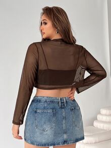 SHEIN EZwear Brown Sheer Mesh Short Jacket Plus Size - Brown - View 2