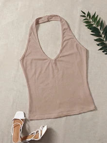 SHEIN EZwear 3件組大尺碼女款純色休閒性感百搭掛脖上衣，適合日常穿著、外出度假，黑色與巧克力棕色，夏季款 - 彩色 - 查看 3