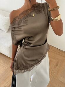 Aloruh Women's Commuter Asymmetric Shoulder Ruched Lace Patchwork Blouse - Mocha Brown - View 3