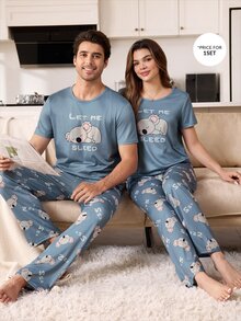 CoupledUp Men's Knit Crew Neck Short Sleeve Long Pants Star & Moon Print Pajama 2 Pieces Set - Multicolor - View 1
