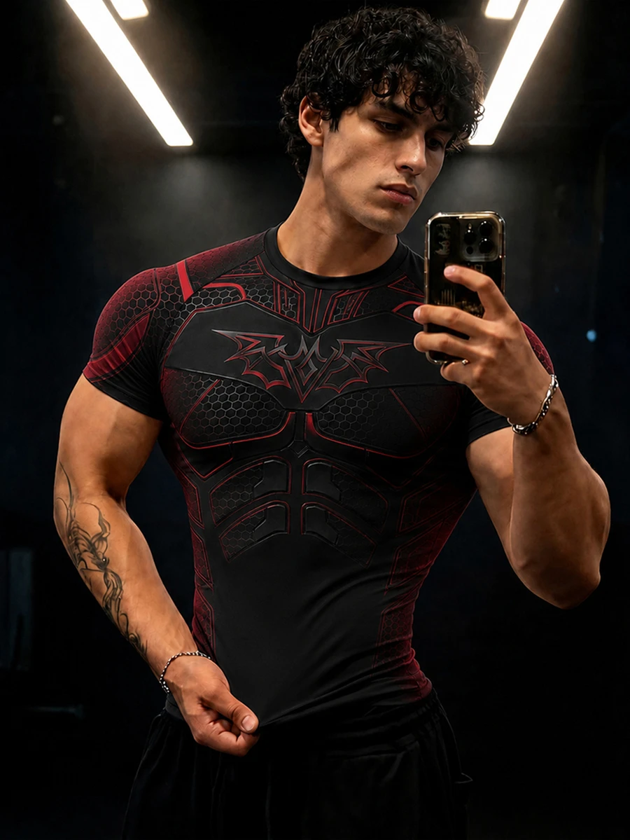 GymBeat Men's Bat Print Raglan Short Sleeve Casual Fitness Sports T-Shirt - Multicolor - View 1