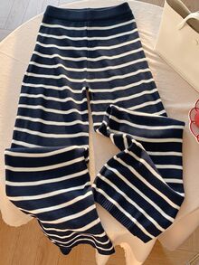 Comfortcana Plus Size Casual Colorblock Striped Knit Long Pants, Autumn/Winter Fall - Navy Blue - View 2