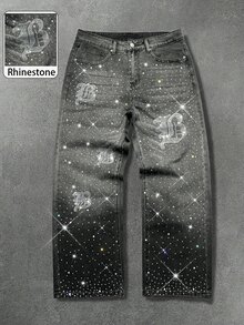 Manfinity EMRG Men's Street Life Gothic Letter Rhinestone Design Gradient Washed Denim Straight Leg Jeans - Black - View 4