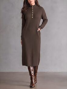 LUMIGAL Women's Metal Button High Neck Brushed Ribbed Straight Long Sleeve Loose Mid-Length Dress Casual Commute - Brown - View 7