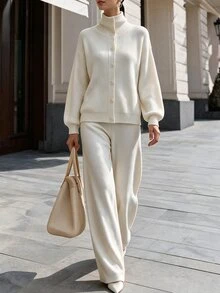 SHEIN Minimalist Premium Pure White Knit Sweater Set Women Autumn/Winter High Neck Loose Slouchy Long Pants 2 Pieces Set - Beige - View 6
