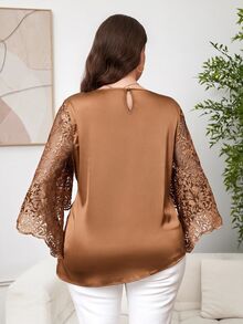 Reflora Plus Size Vintage Embroidered Pleated Asymmetrical Hem Shirt - Brown - View 2