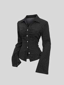 Sweetra Women's Polka Dot Ruched Flare Sleeve Blouse, Casual Daily Wear, Minimalist Elegant Style - Black - View 1