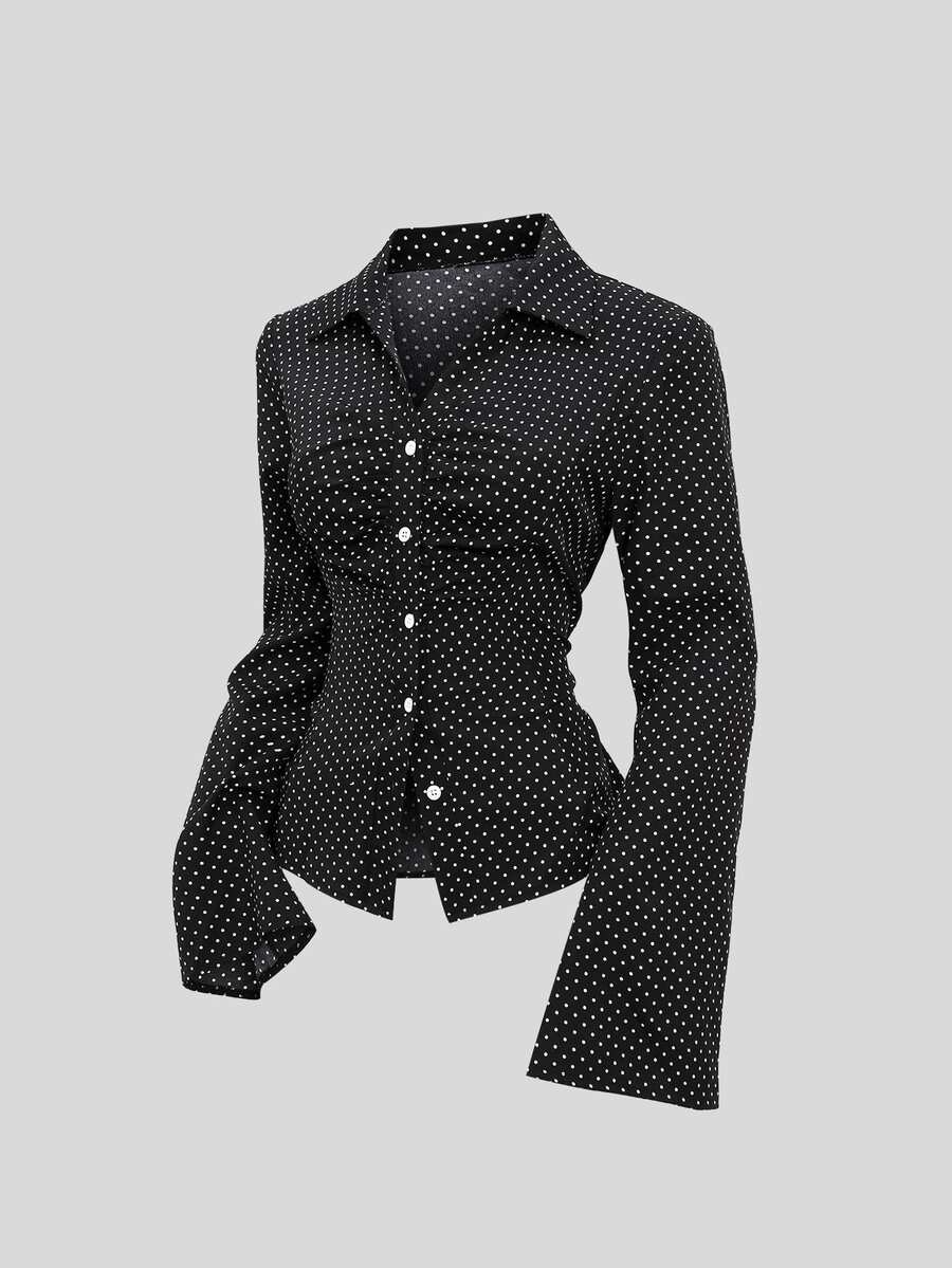 Sweetra Women's Polka Dot Ruched Flare Sleeve Blouse, Casual Daily Wear, Minimalist Elegant Style - Black - View 1