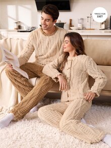 CoupledUp Men's Autumn/Winter Plush Colorblock Long Sleeve & Long Pants Loungewear Set - Apricot - View 6