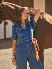 WESTFADE Ruffle Collar Button Front Puff Sleeve Wide Leg Denim Jumpsuit, Fall Winter 2026 Western Style Cowgirl Clothing, Rodeo, Female Country Look, Autumn - Medium Wash - View 5