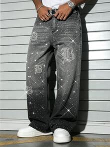 Manfinity EMRG Men's Street Life Gothic Letter Rhinestone Design Gradient Washed Denim Straight Leg Jeans - Black - View 1