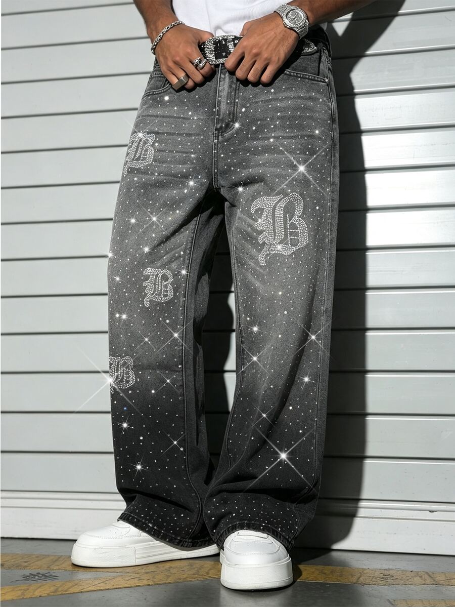 Manfinity EMRG Men's Street Life Gothic Letter Rhinestone Design Gradient Washed Denim Straight Leg Jeans - Black - View 1