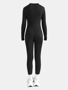 SHEIN Teen Girl Fall Clothes Casual All-Match Versatile American Street Style Solid Color Long Sleeve Half Zip Jumpsuit, Autumn - Black - View 2