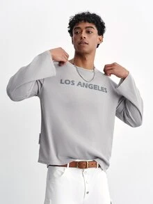 TOKVUE Men's Casual Commuter Versatile Gray Textured Letter Print Crew Neck Long Sleeve T-Shirt - Grey - View 2