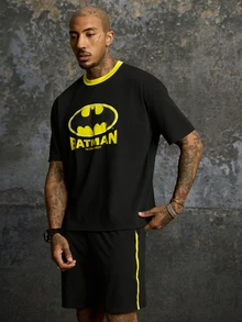BATMAN X SHEIN Men's Cartoon Pattern Print Contrast Color Short Sleeve T-Shirt - Black - View 6