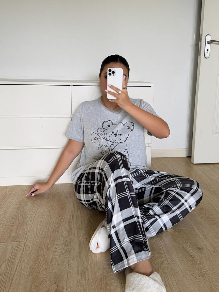 Napfluff CURVE Napfluff CURVE Cute Cartoon Bear & Rabbit Print T-Shirt With Plaid Long Pants Plus Size Pajama Set - Grey - View 4