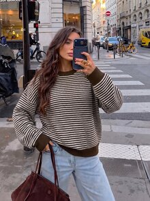Modelyn 女款條紋圓領寬鬆落肩羅紋下擺休閒日常通勤百搭衛衣，秋冬款 - 彩色 - 查看 10