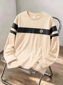 SHEIN 青少年男孩休閒寬鬆百搭條紋圓領長袖T恤上衣，適合通勤、上學、日常休閒外出與運動，春夏穿著 - 白色 - 查看 5