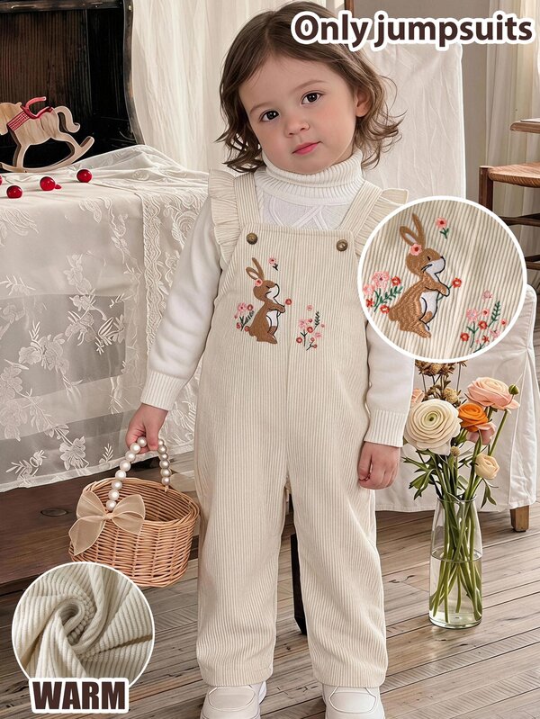 SHEIN Baby Girl Baby Girl Cute Autumn/Winter Short Flutter Sleeve Funny Rabbit Animal Embroidered Pattern, Versatile Casual Romper