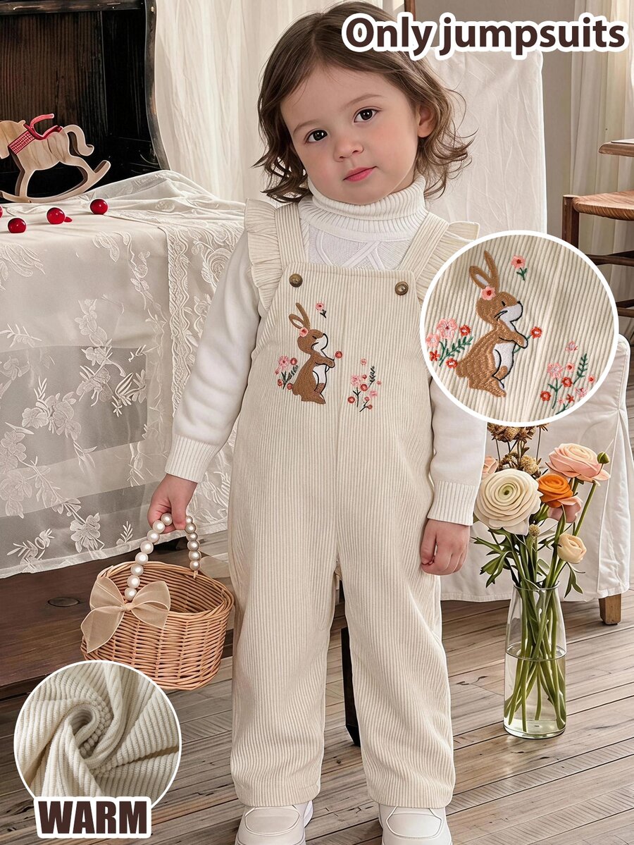 SHEIN Baby Girl Baby Girl Cute Autumn/Winter Short Flutter Sleeve Funny Rabbit Animal Embroidered Pattern, Versatile Casual Romper - Beige - View 1