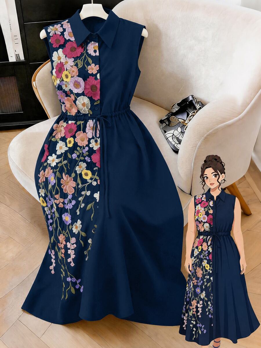 SHEIN Clasi 大尺碼極簡波希米亞風優雅刺繡拼接女款洋裝,海軍藍,適合派對、婚禮賓客,夏秋穿著 - 藏蓝色 - 查看 1