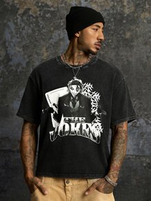 JOKER X SHEIN Men's Cartoon Character Print Short Sleeve T-Shirt - Black - View 3