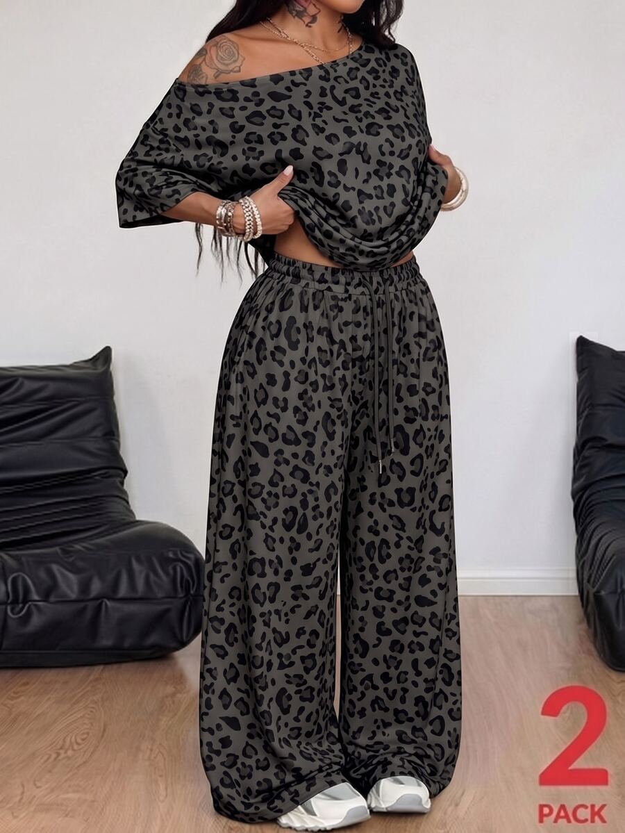 Coolane Leopard Print Asymmetric Collar T-Shirt And Pants 2 Pieces Set Plus Size - Dark Grey - View 1